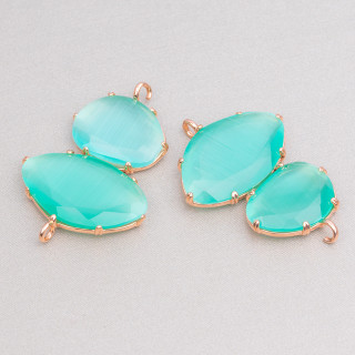 Brass Component Connector With Cat's Eye Set 30x40mm With 2 Rings 4pcs Rose Gold Aqua
