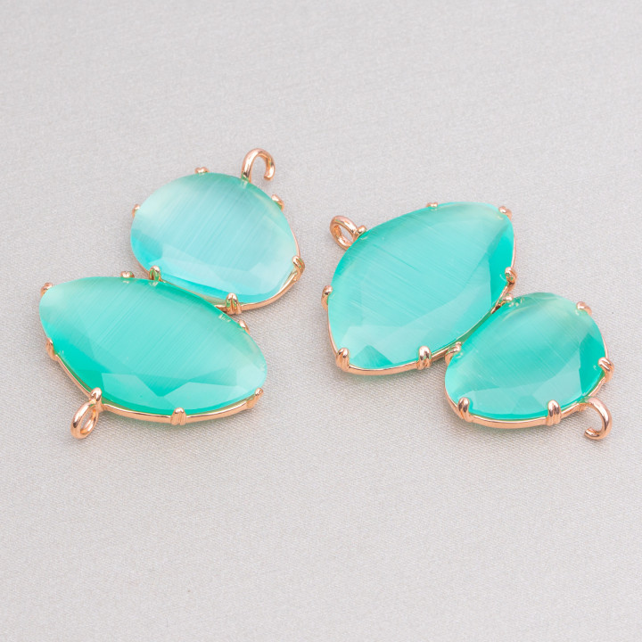 Connecteur Laiton Oeil de Chat 30x40mm Sertie de 2 Anneaux 4pcs Or Rose Aqua