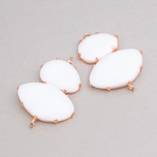Brass Component Connector With Cat's Eye Set 30x40mm With 2 Rings 4pcs Rose Gold White Agate