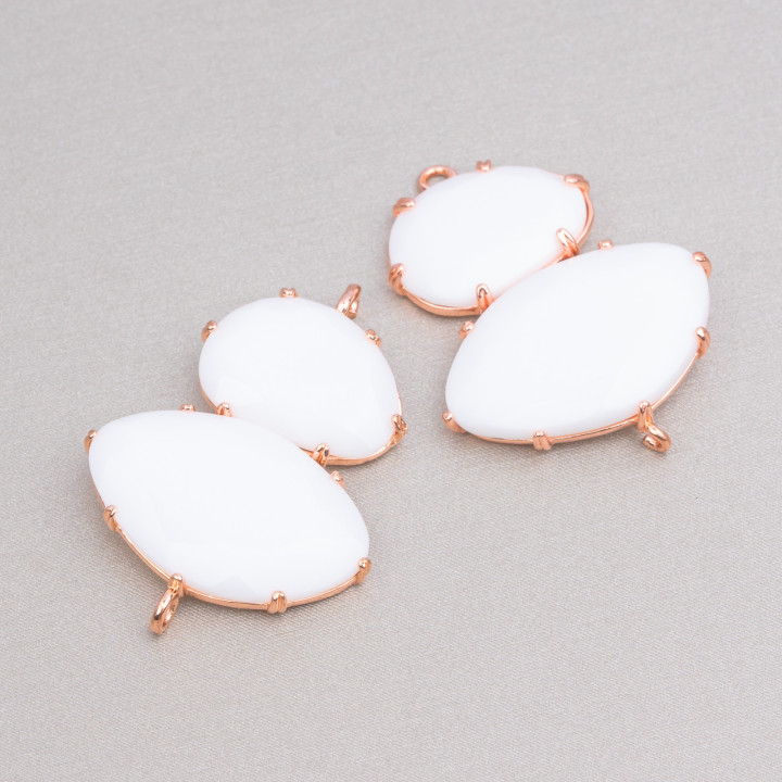 Connecteur Laiton Oeil de Chat 30x40mm Serti de 2 Anneaux 4pcs Or Rose Agate Blanche
