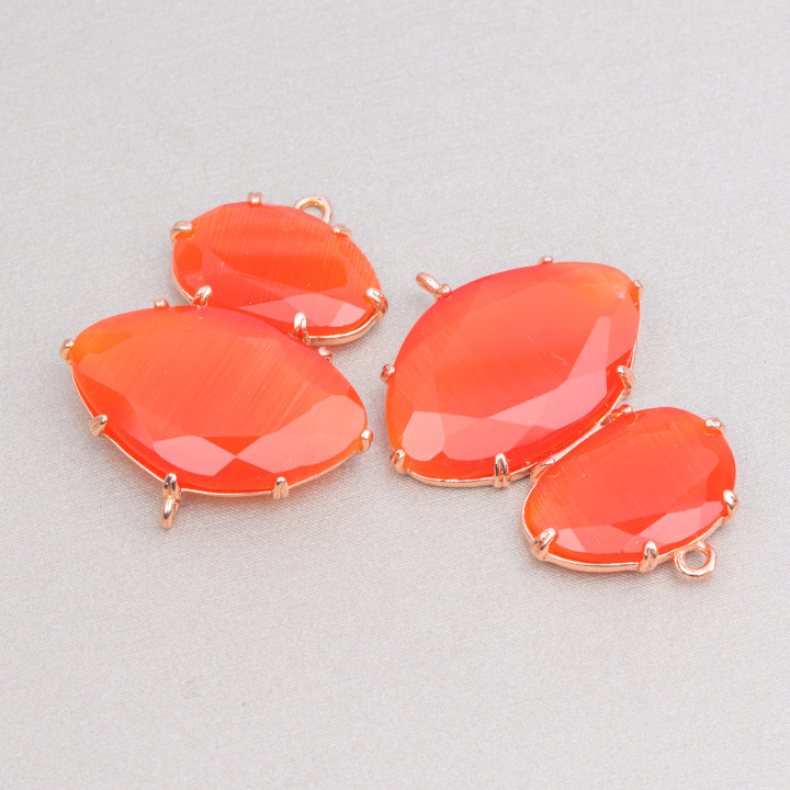 Messing-Komponentenverbinder mit Katzenauge 30 x 40 mm, Set mit 2 Ringen, 4 Stück, Roségold, Orange