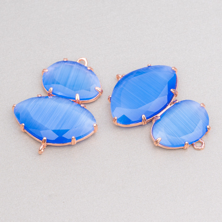 Messing-Komponentenverbinder mit Katzenauge 30 x 40 mm mit 2 Ringen 4 Stück Roségold Hellblau