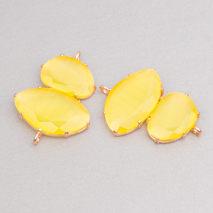 Connettore Componente Di Ottone Con Occhio Di Gatto Incastonati 30x40mm Con 2 Anellini 4pz Oro Rosa Giallo