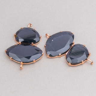 Connettore Componente Di Ottone Con Occhio Di Gatto Incastonati 30x40mm Con 2 Anellini 4pz Oro Rosa Nero