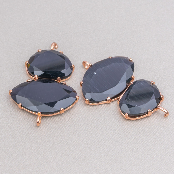 Brass Component Connector With Cat's Eye Set 30x40mm With 2 Rings 4pcs Rose Gold Black