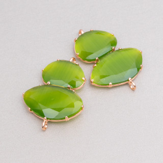 Conector de componente de latón con ojo de gato 30x40 mm Juego con 2 anillos 4 piezas Oro rosa Verde bosque