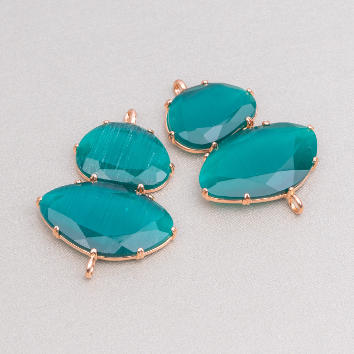 Conector de componente de latón con ojo de gato 30x40 mm Conjunto con 2 anillos 4 piezas Oro rosa Verde esmeralda