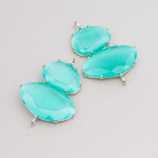 Messingkomponentenverbinder mit Katzenauge 30 x 40 mm mit 2 Ringen 4 Stück rhodiniertes Wasser