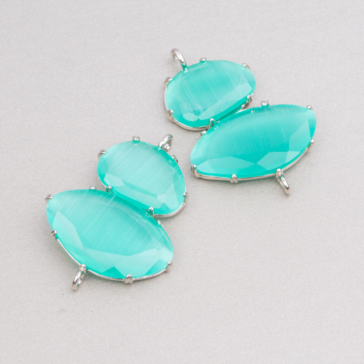 Brass Component Connector With Cat's Eye Set 30x40mm With 2 Rings 4pcs Rhodium-plated Water