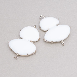 Brass Component Connector With Cat's Eye Set 30x40mm With 2 Rings 4pcs Rhodium-Plated White Agate