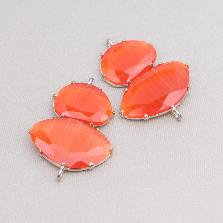Brass Component Connector With Cat's Eye Embedded 30x40mm With 2 Rings 4pcs Rhodium Plated Orange