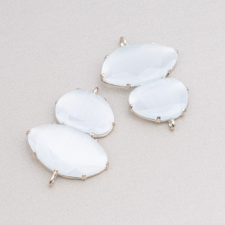Connettore Componente Di Ottone Con Occhio Di Gatto Incastonati 30x40mm Con 2 Anellini 4pz Rodiato Bianco