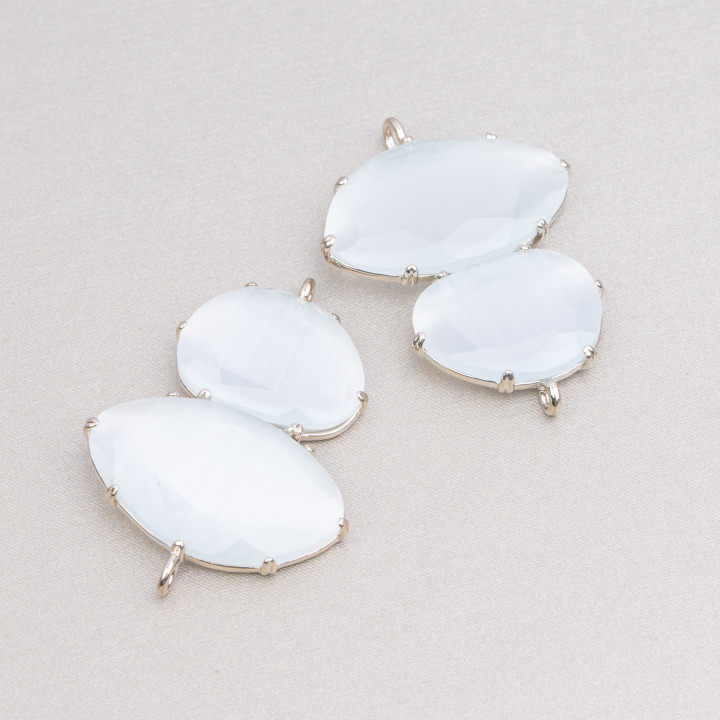 Connettore Componente Di Ottone Con Occhio Di Gatto Incastonati 30x40mm Con 2 Anellini 4pz Rodiato Bianco