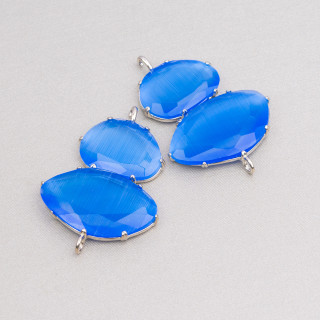 Connecteur Composant Laiton Oeil de Chat Embarqué 30x40mm Avec 2 Anneaux 4pcs Plaqué Rhodium Bleu