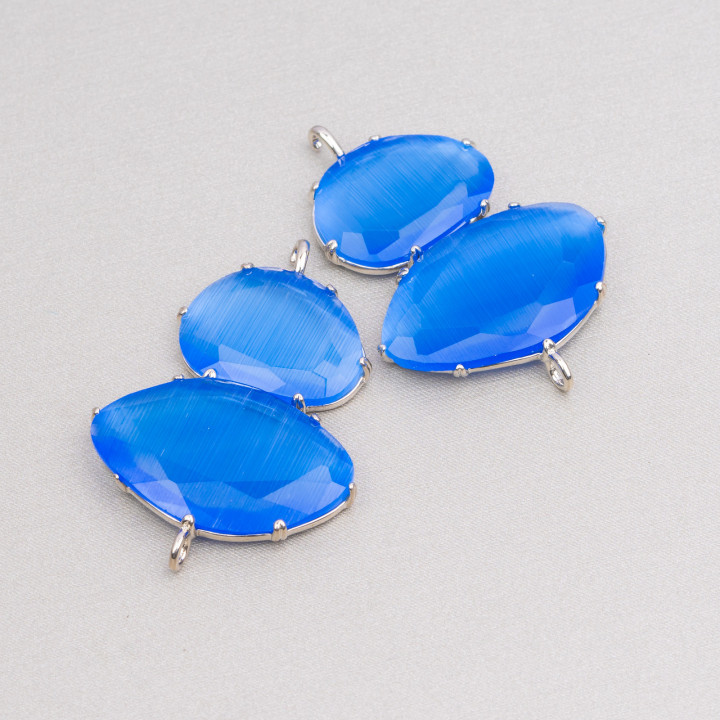 Messing-Komponentenverbinder mit Katzenauge 30 x 40 mm mit 2 Ringen 4 Stück rhodiniert blau