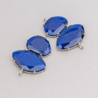 Brass Component Connector With Cat's Eye Set 30x40mm With 2 Rings 4pcs Rhodium-plated Sapphire Blue