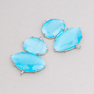 Connecteur Composant Laiton Oeil de Chat 30x40mm Sertie de 2 Anneaux 4pcs Bleu Plaqué Rhodium