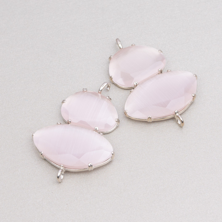 Connettore Componente Di Ottone Con Occhio Di Gatto Incastonati 30x40mm Con 2 Anellini 4pz Rodiato Cipria