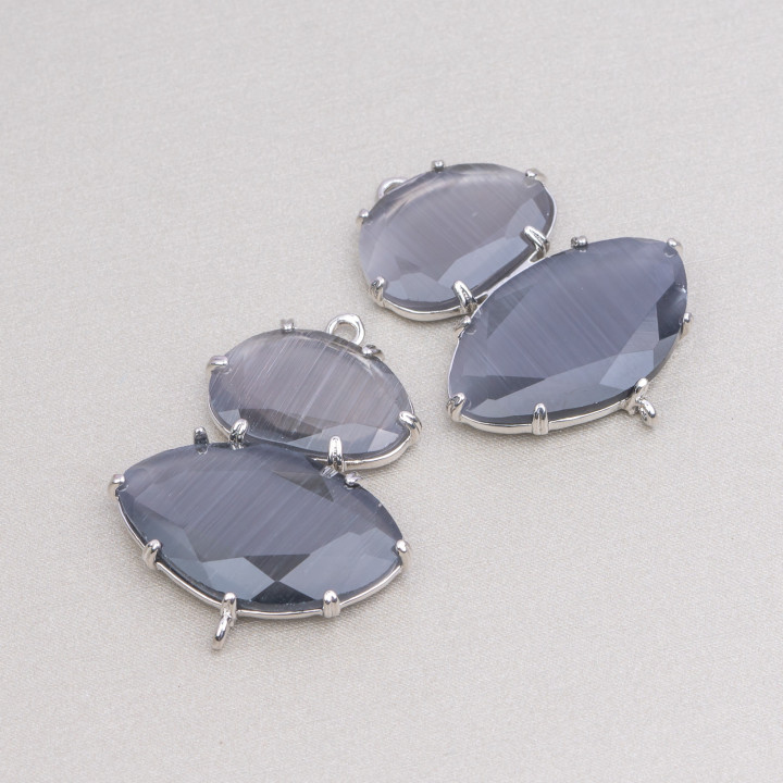 Brass Component Connector With Cat's Eye Embedded 30x40mm With 2 Rings 4pcs Rhodium Plated Gray