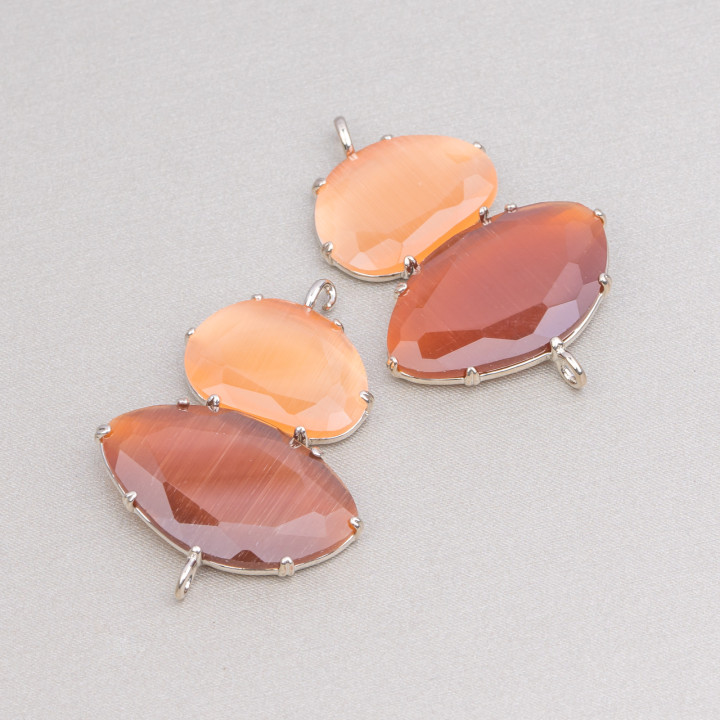 Brass Component Connector With Cat's Eye Set 30x40mm With 2 Rings 4pcs Rhodium-plated Mix Peach And Brown