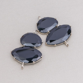 Connettore Componente Di Ottone Con Occhio Di Gatto Incastonati 30x40mm Con 2 Anellini 4pz Rodiato Nero