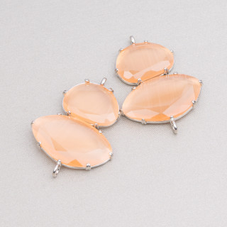 Connettore Componente Di Ottone Con Occhio Di Gatto Incastonati 30x40mm Con 2 Anellini 4pz Rodiato Pesca