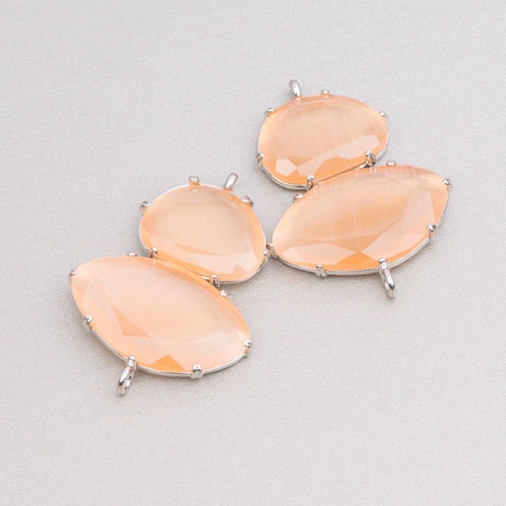 Connecteur Composant Laiton Oeil de Chat 30x40mm Avec 2 Anneaux 4pcs Plaqué Rhodium Pêche