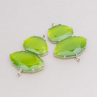 Messing-Komponentenverbinder mit Katzenauge 30 x 40 mm Set mit 2 Ringen 4 Stück Rhodium Green Forest