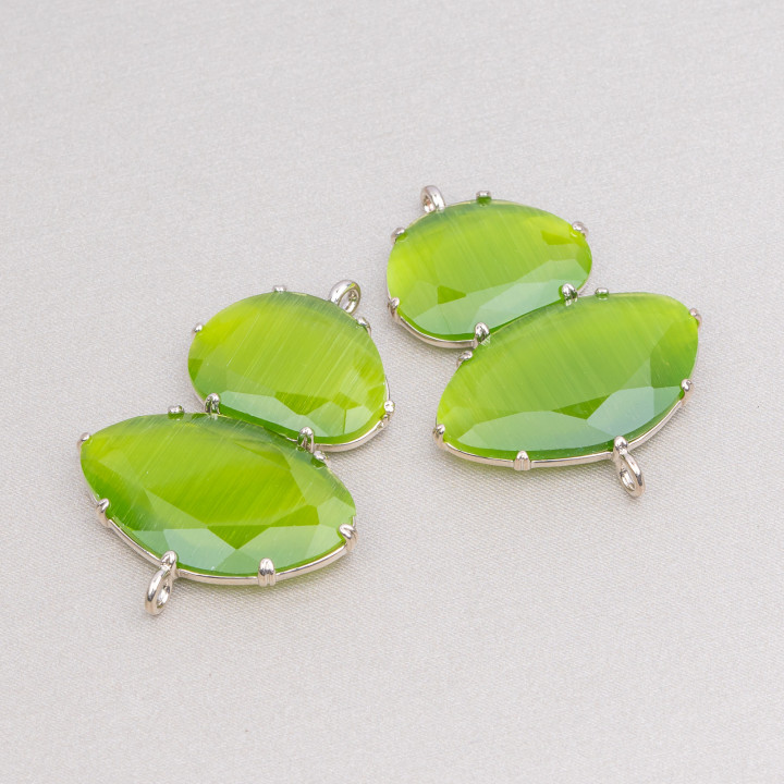 Brass Component Connector With Cat's Eye Set 30x40mm With 2 Rings 4pcs Forest Green Rhodium Plated
