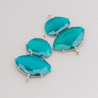 Brass Component Connector With Cat's Eye Set 30x40mm With 2 Rings 4pcs Emerald Green Rhodium Plated