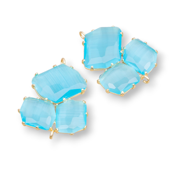 Connettore Componente Di Ottone Con Occhio Di Gatto Incastonato 32x41mm 3pz Dorato Azzurro