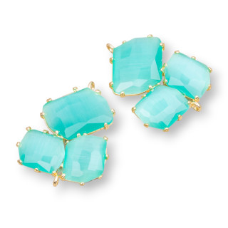 Brass Component Connector With Embedded Cat's Eye 32x41mm 3pcs Golden Aqua Green