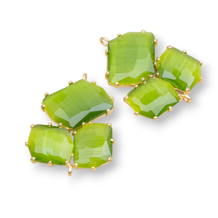 Connettore Componente Di Ottone Con Occhio Di Gatto Incastonato 32x41mm 3pz Dorato Verde Bosco