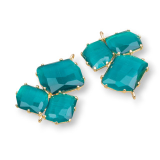 Brass Component Connector With Cat's Eye Embedded 32x41mm 3pcs Golden Emerald Green