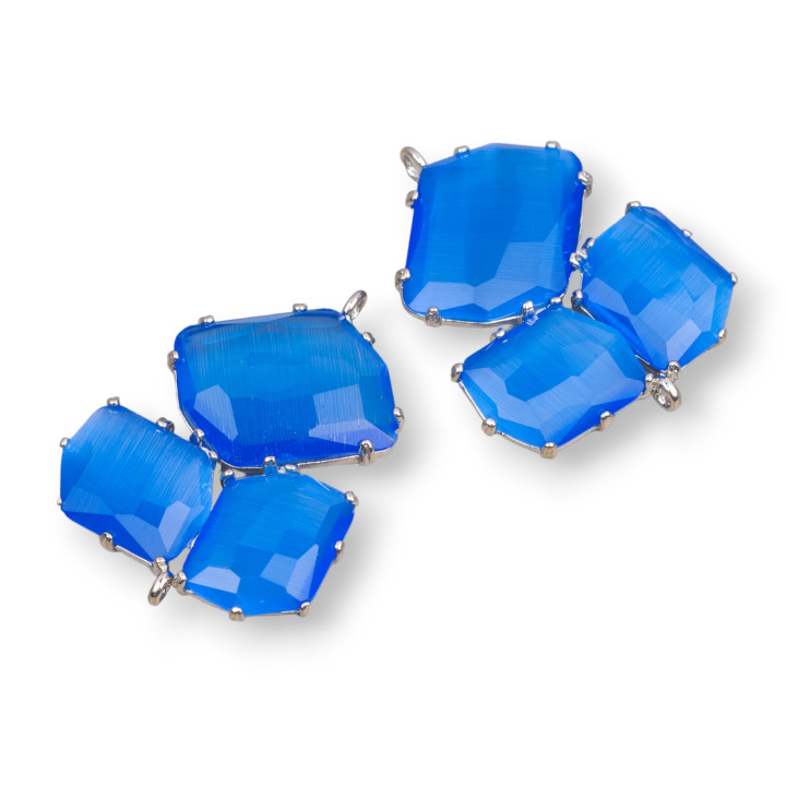 Komponentenverbinder aus Messing mit eingebettetem Katzenauge 32 x 41 mm, 3 Stk., hellblau, rhodiniert