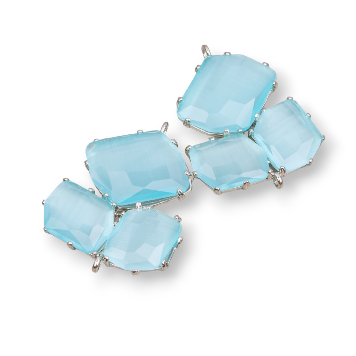 Connecteur Composant Laiton Avec Oeil de Chat Intégré 32x41mm 3pcs Bleu Clair Plaqué Rhodium