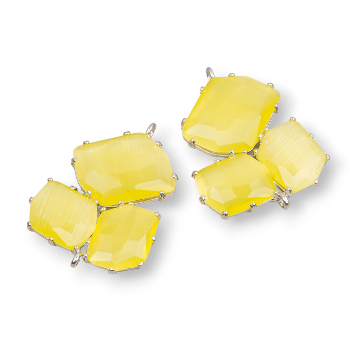 Connettore Componente Di Ottone Con Occhio Di Gatto Incastonato 32x41mm 3pz Rodiato Giallo