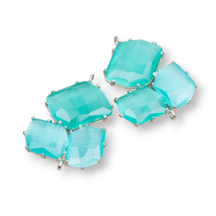 Brass Component Connector With Cat's Eye Embedded 32x41mm 3pcs Rhodium-plated Aqua Green