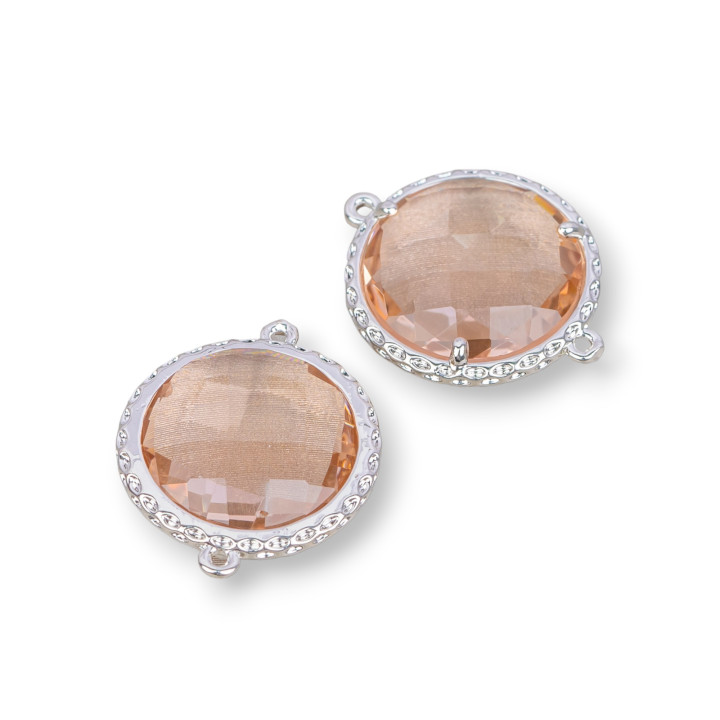 Verbindungsstück aus Messing mit eingefassten Kristallen, rund, 18 mm, 10 Stück, Champagner, Rhodium