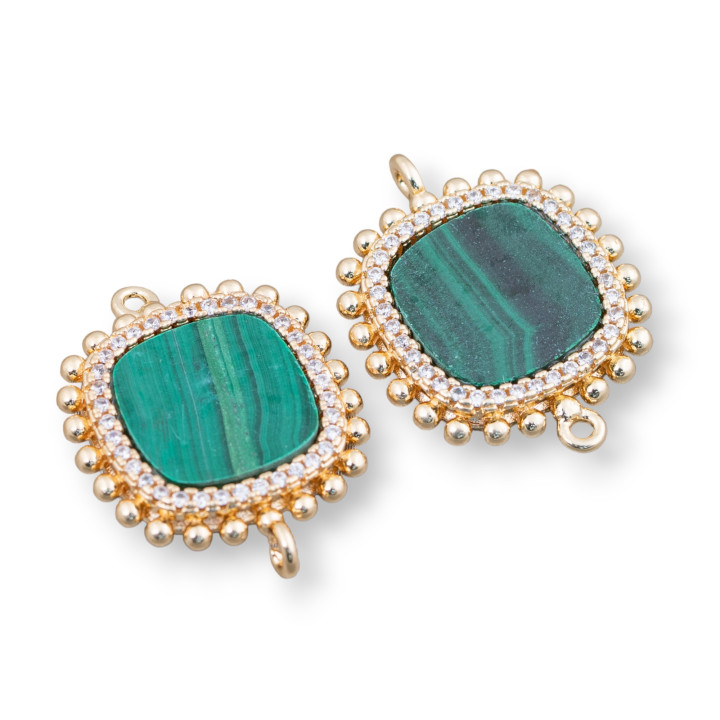 Connettore Componente Di Ottone Con Pietre Naturali Con 2 Anellini E Zirconi Quadrato 19mm 6pz Pasta Di Malachite