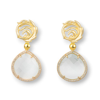 Zamak Stud Earrings with Cat's Eye Set in Bronze 24x55mm White Drop