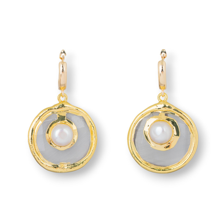 Pendientes De Gancho Cerrado De Bronce Con Colgante Ojo De Gato Y Perlas De Río 29x46mm Gris