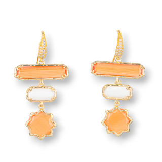 Orecchini A Monachella Di Bronzo Con Elementi Di Occhio Di Gatto Rettangolo E Stella a 8 Punte 29x58mm Pesca Bianco