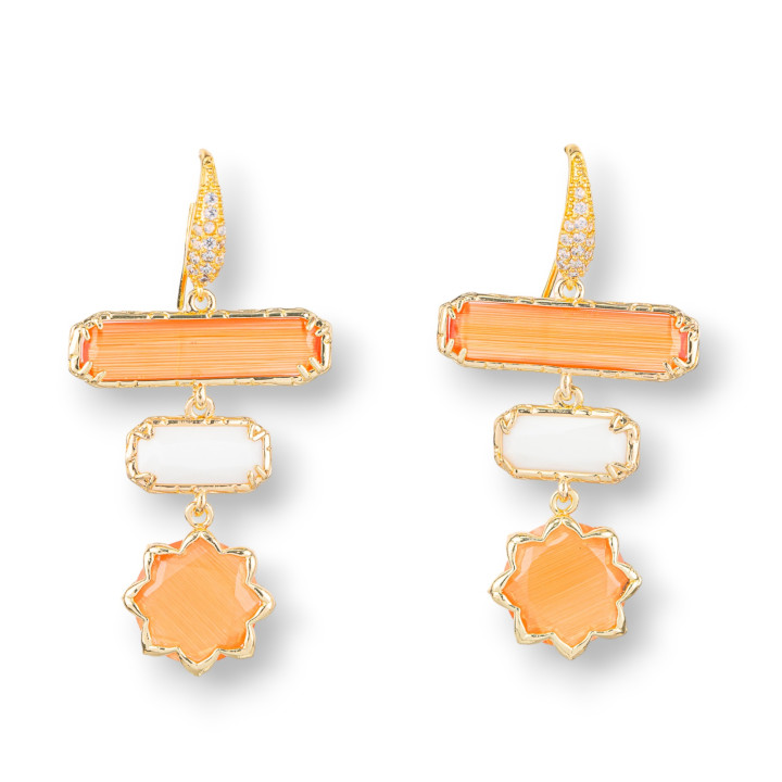 Boucles D'oreilles Crochet En Bronze Avec Éléments Rectangulaires En Oeil De Chat Et Étoile À 8 Branches 29x58mm Blanc Pêche