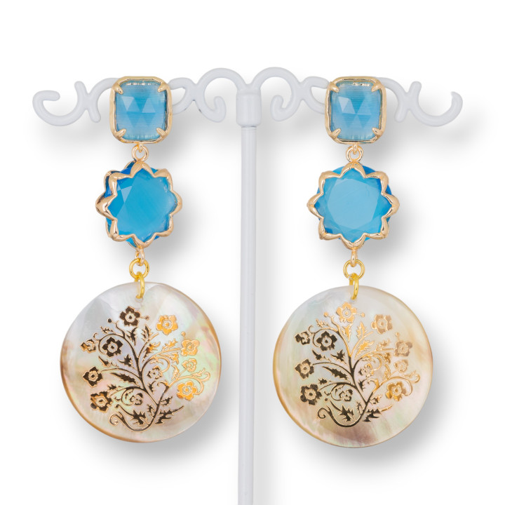 Boucles D'oreilles Tiges En Bronze Avec Yeux De Chat Sertis Et Nacre Ronde Bleu Clair 30x65mm