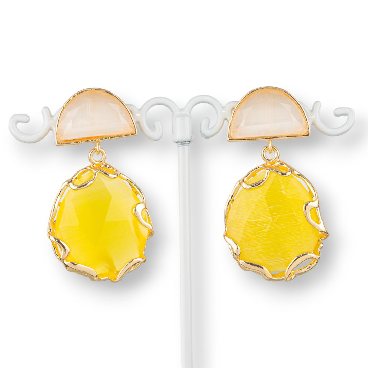 Bronze Stud Earrings with Cat's Eye Set 24x45mm Yellow White