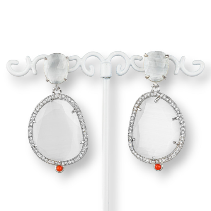 Boucles D'oreilles Tiges Oeil De Chat En Bronze Sertie De Zircons Blancs Rhodiés 24x52mm