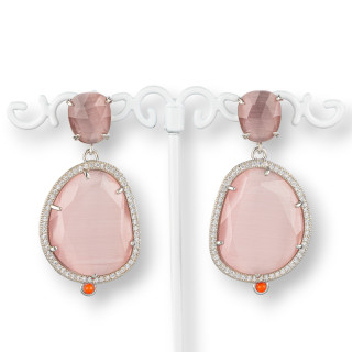 Bronze Stud Earrings With Cat's Eye Set With Zircons 24x52mm Rhodium Plated Powder
