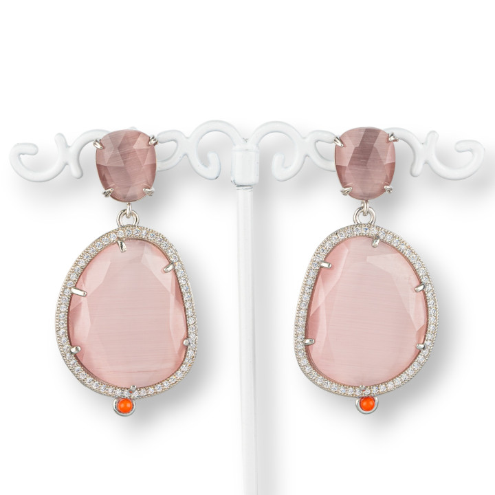 Boucles D'oreilles Tiges En Bronze Oeil De Chat Serti De Zircons De Poudre Plaqués Rhodium 24x52mm