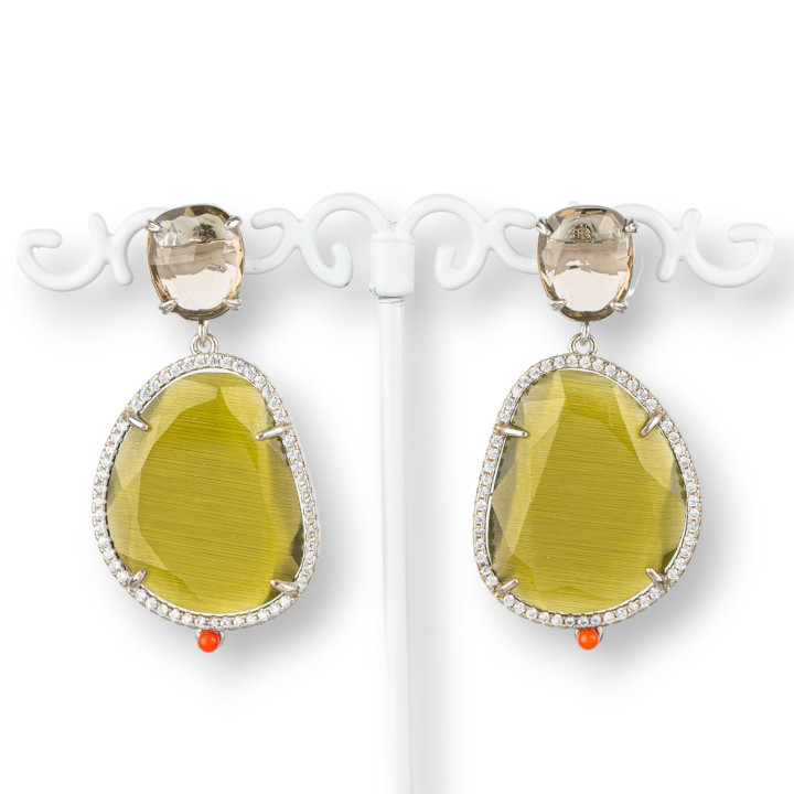 Bronze Stud Earrings With Cat's Eye Set With Zircons 24x52mm Rhodium Plated Fume' Green